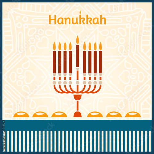 Celebratory bright background for Hanukkah. Festive table. Ornament. Candlestick