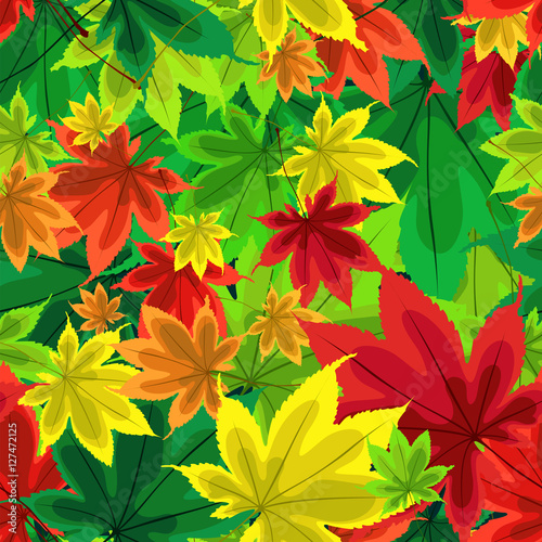 Autumn beautiful seamless pattern. Red, yellow, green leaves of trees. Bright.