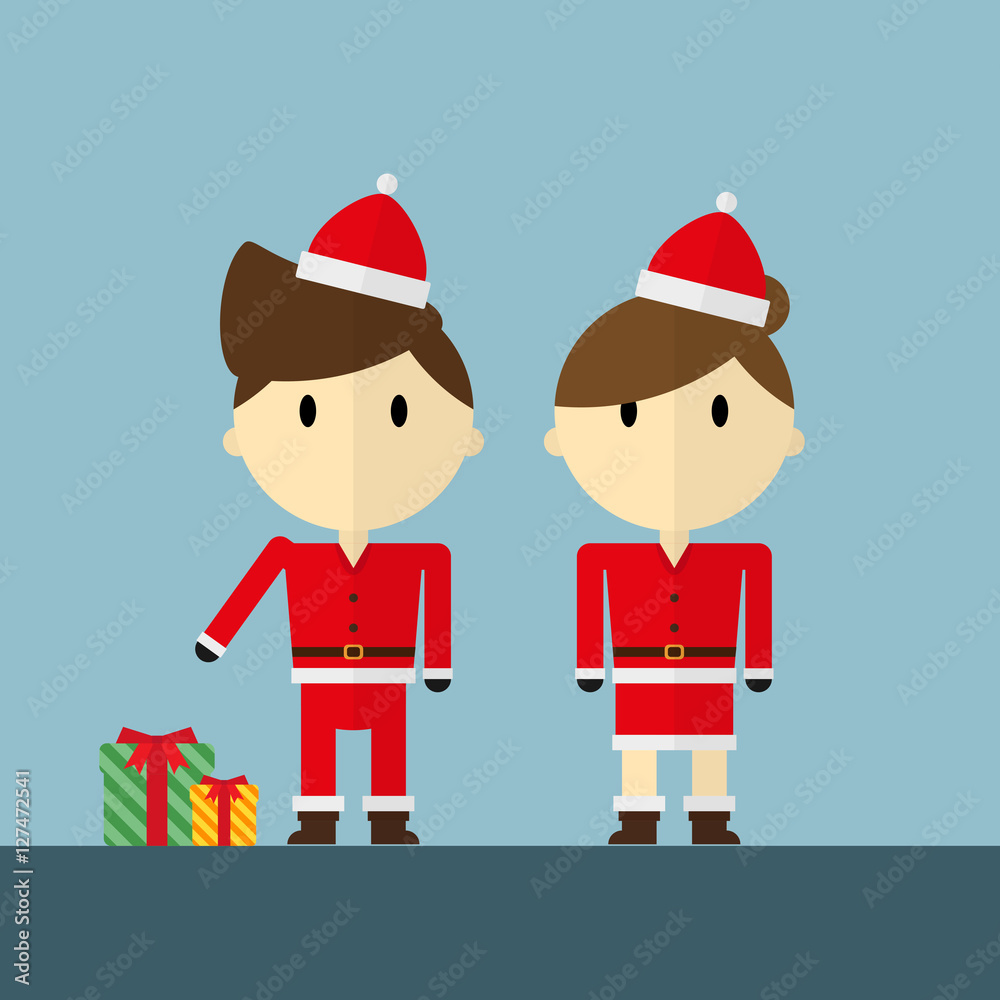 man and woman as Santa Claus with christmas gift flat design on blue backgorund