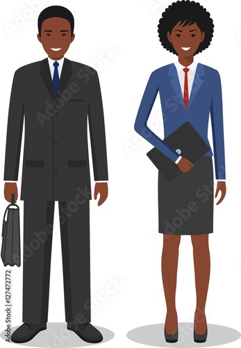 Couple of business african american man and woman standing together on white background in flat style. Business team and teamwork concept. Flat design people characters. Vector illustration.