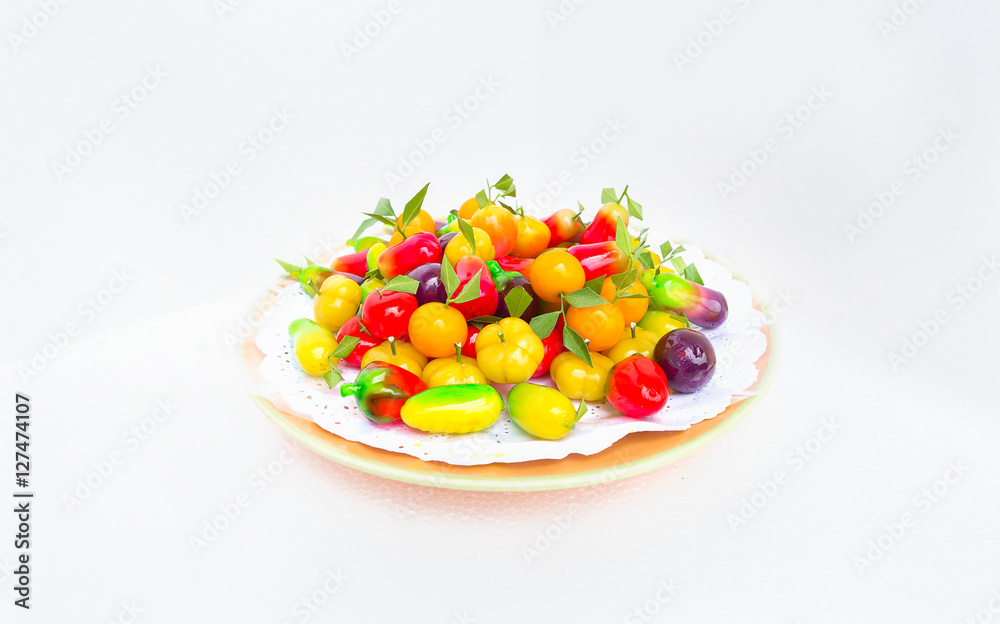 Thai dessert made from soy beans made in the form of fruits and Thai dessert made from soy beans made in the form of fruits and