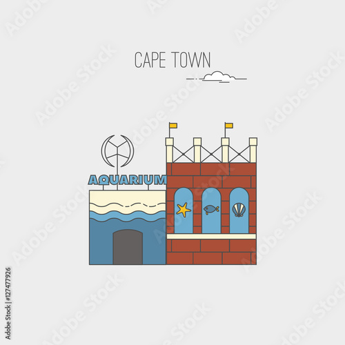 Two Oceans Aquarium in Cape Town. Republic of South Africa country design template. Historic buildings, landmarks sightseeings, showplaces symbols. Vector line cartoon style illustration