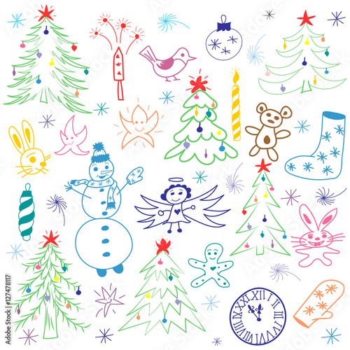 Colorful Hand Drawn Cute Christmas Sketch Set. Children Drawings of Snowman,  Fir Trees,  Candle, Toys, Angel, Stars and Snowflakes. Perfect for festive design Vector illustration.