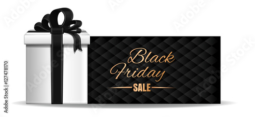 Black Friday banner design. Gift box with ribbon and bow on the black background of a greeting card.  Vector illustration