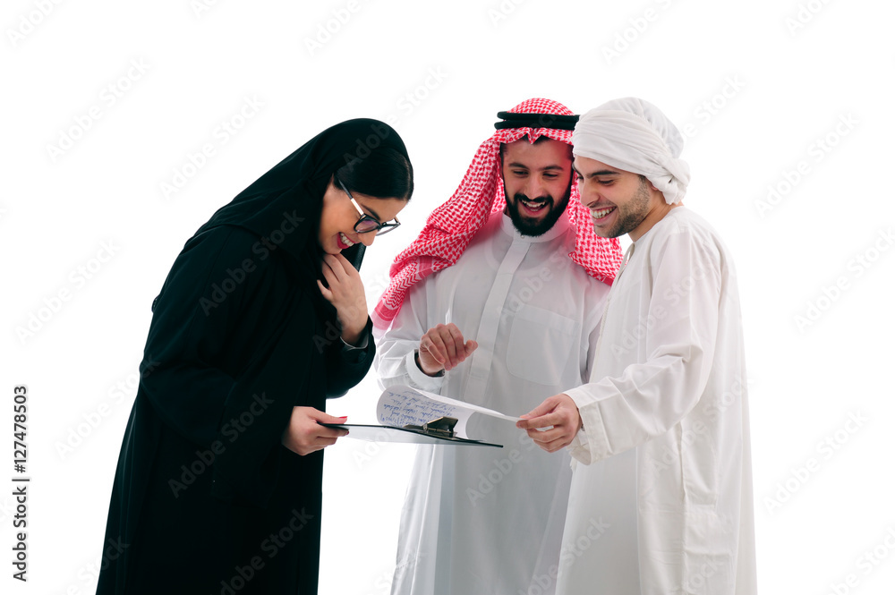 Arabian business Team in a meeting, three business people standing over a white background, ethnic business people, business team, success concept