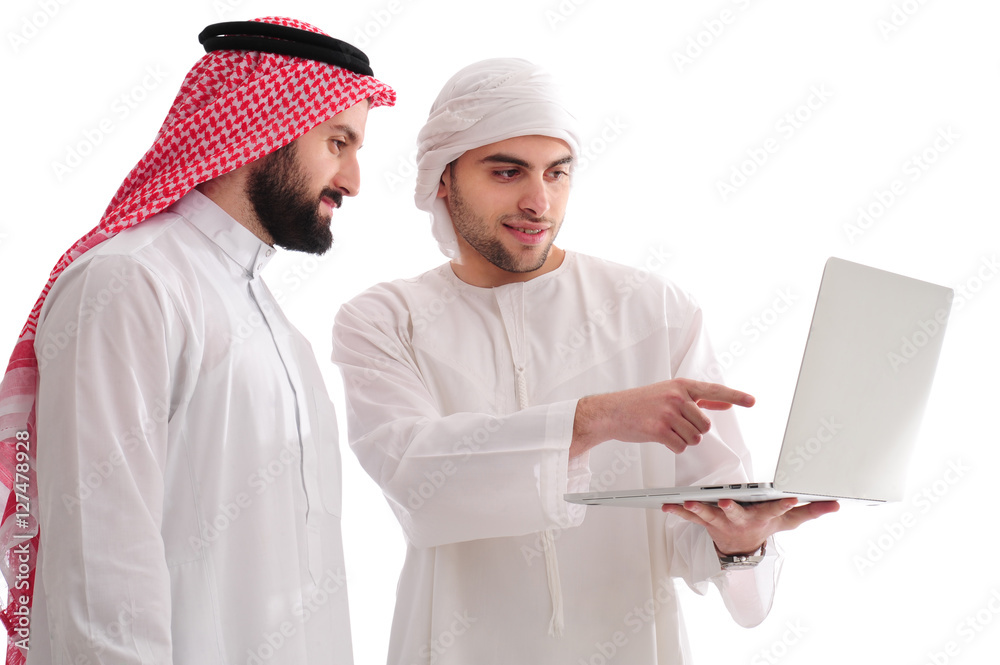 Two Arabian Businessmen holding a notebook discussing work over a white background, business concept Two Arabian Businessmen holding a notebook discussing work over a white background, business concept
