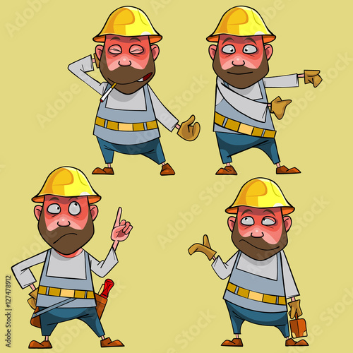 cartoon puzzled worker in the helmet in various poses