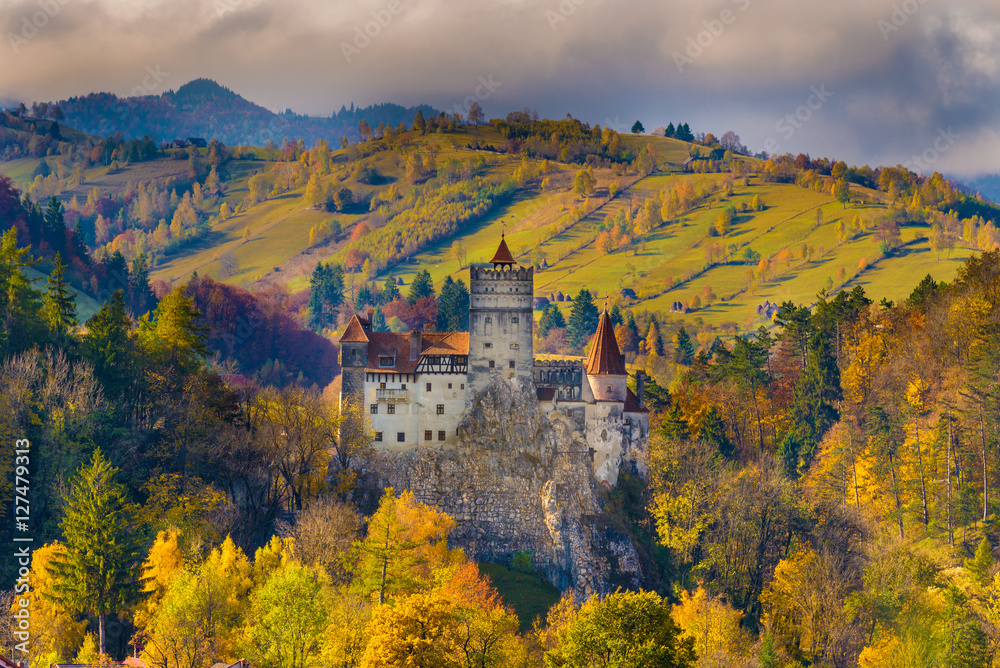 Panoramic view over Dracula medieval Castle Bran in autumn season, the most visited tourist attraction of  Brasov, Transylvania, Romania