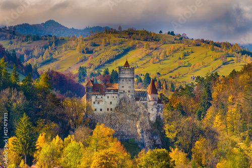 Panoramic view over Dracula medieval Castle Bran in autumn season, the most visited tourist attraction of Brasov, Transylvania, Romania