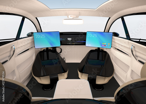 Business meeting concept in autonomous car. The monitor could folding into front seat. 3D rendering image.