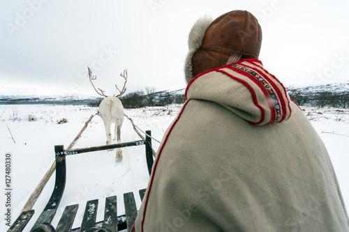 Fotografie Reindeer breeder dressed in national Same clothes with a reinde