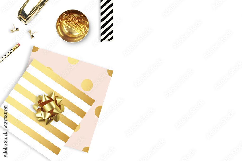 Elegant background.Gold stripe pattern polka and gold clip. Flat lay. Workspace with stationery. Mock-up background. Black and White Elegant background.Gold stripe pattern polka and gold clip. Flat lay. Workspace with stationery. Mock-up background. Black and White