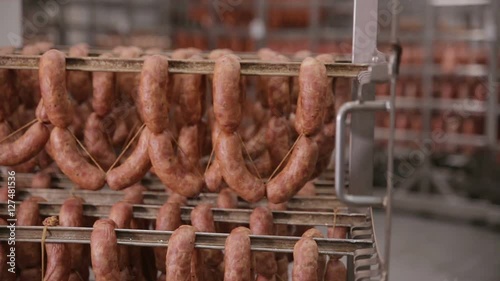 Sausages in the factory freezer storage. Ready, made meet ptoducts at a big food warehouse. HD. photo