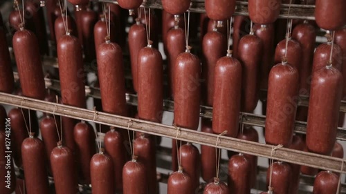 Sausages in the factory freezer storage. Ready, made meet ptoducts at a big food warehouse. HD. photo