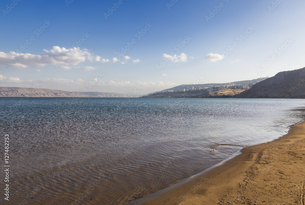 Sea of Galilee with the mountains of Jordan on the horizon, Israel