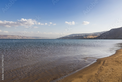 Sea of Galilee with the mountains of Jordan on the horizon, Israel