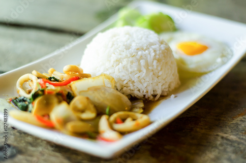 Thai food,Spicy stir fried squid with basil leave and cooked rice on white dish