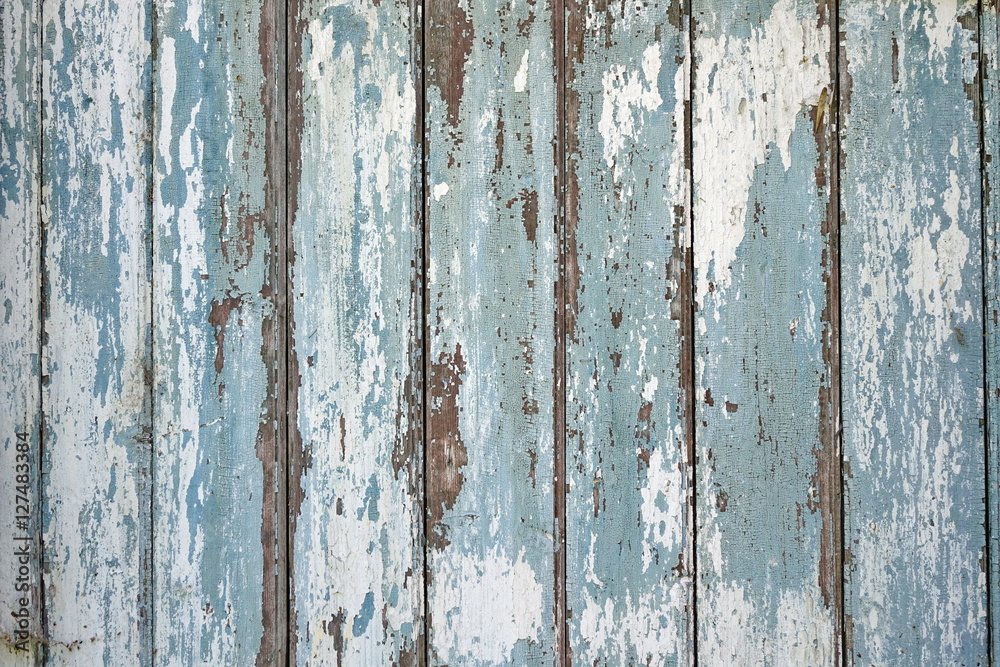 Naklejka premium Old Peeled Blue Shabby Wood Wall Horizontal Vintage Background T