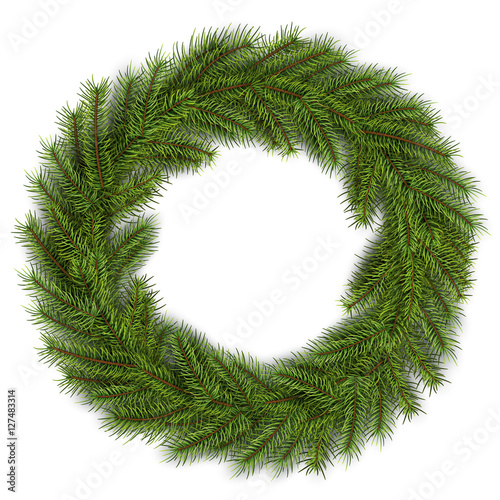 Christmas wreath green fir tree. Vector 3D christmas background.