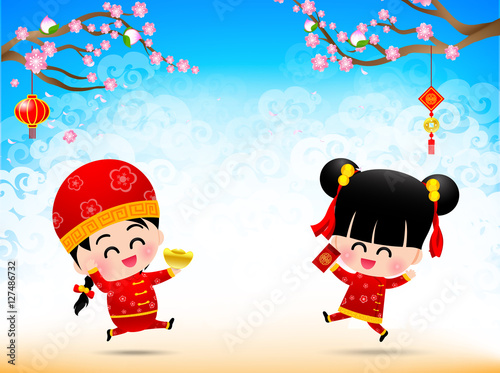 Chinese boy and chinese girl cartoon have smile and jumping with