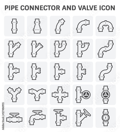 Pipe icon and flange fitting. Include control valve and pressure gauge. For pipeline construction and transportation liquid or gas i.e. oil, natural gas. Also for sewage, plumbing and irrigation.