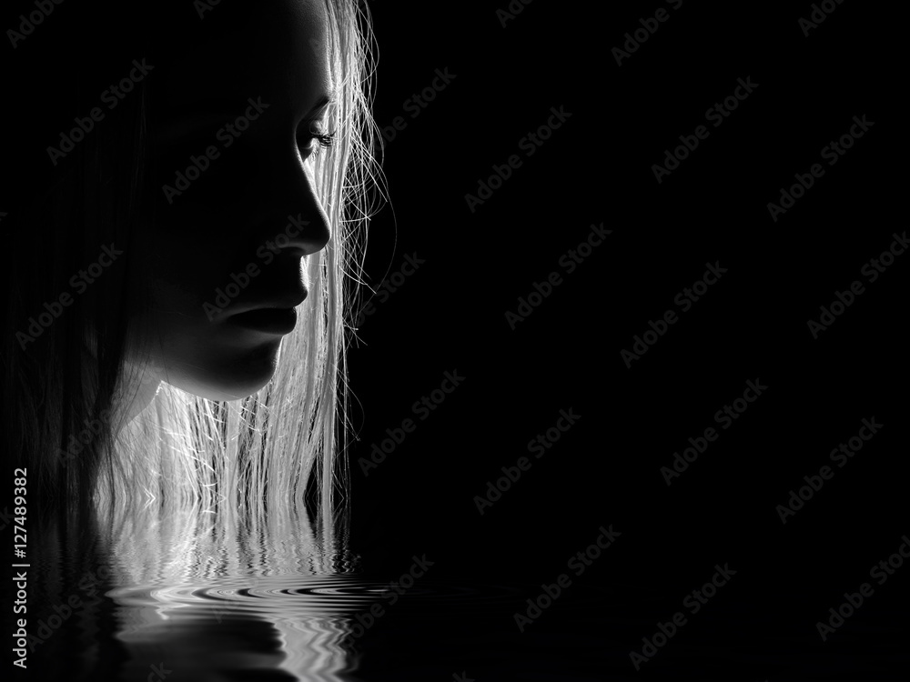 sad woman profile on black background, monochrome Stock Photo - Alamy