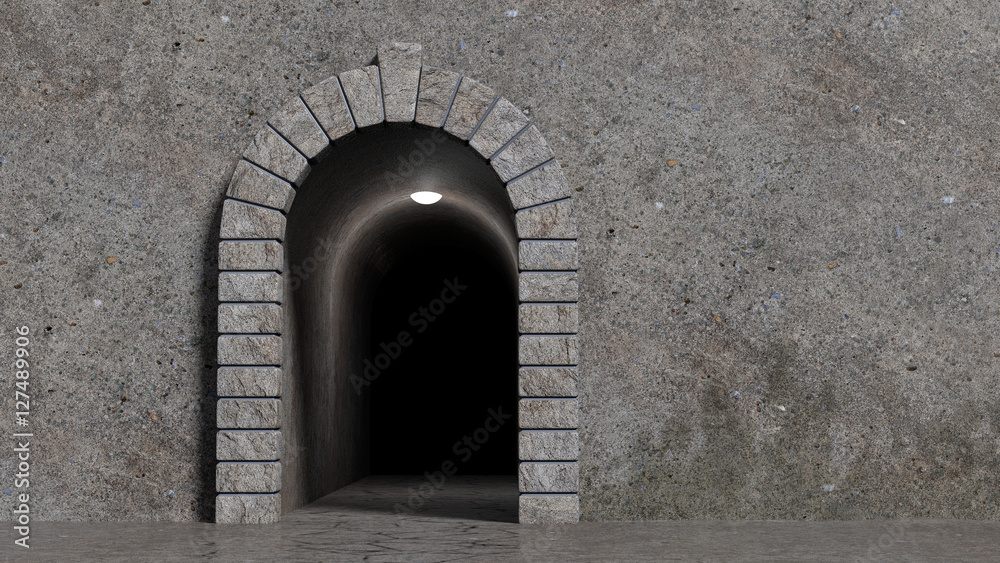Fototapeta premium Concrete wall with decorative stone gate and scary corridor darkly lit. Rendered 3d design.