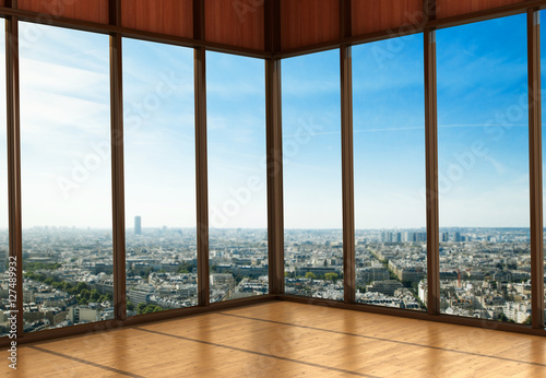 Large Windows in the room. City view from the window. 3D illustr