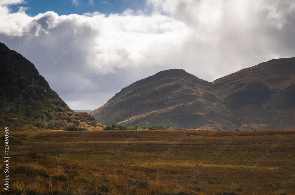 Bright weather over Strath More in Sutherland, Scotland.