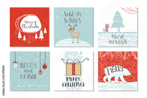 Merry Christmas and Happy new year set of 6 cards. Unique lettering. Vector illustration