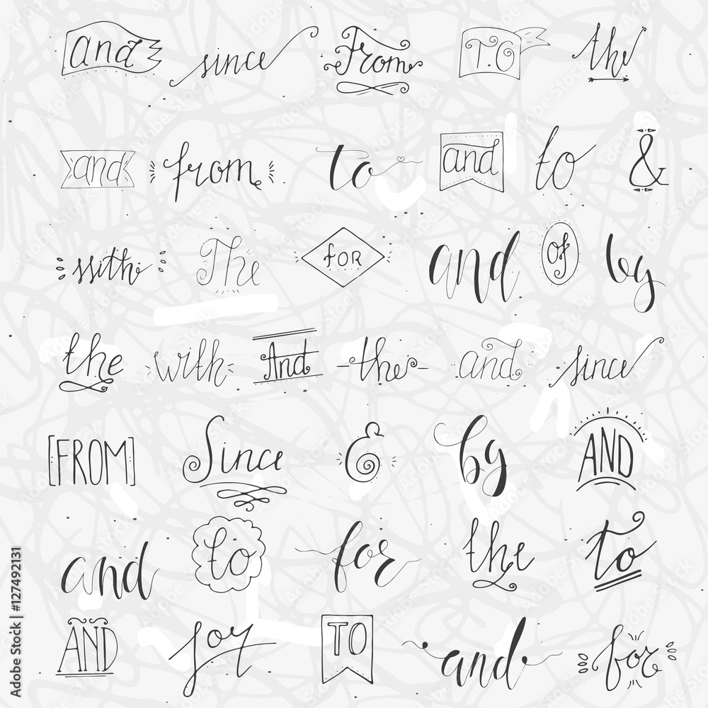 Collection of hand sketched ampersands and catchwords for your design. And, with, for, from, since, the, to, by. Decorative elements. Retro elements with swirls. Hand drawn lettering.