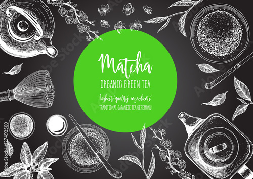 Vector illustration frame for Tea Shop. Japanese traditions of tea ceremony. Matcha tea. Vintage elements for design. Vector Illustration.