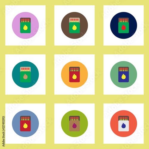 Collection of stylish vector icons in colorful circles Matchbox and matches