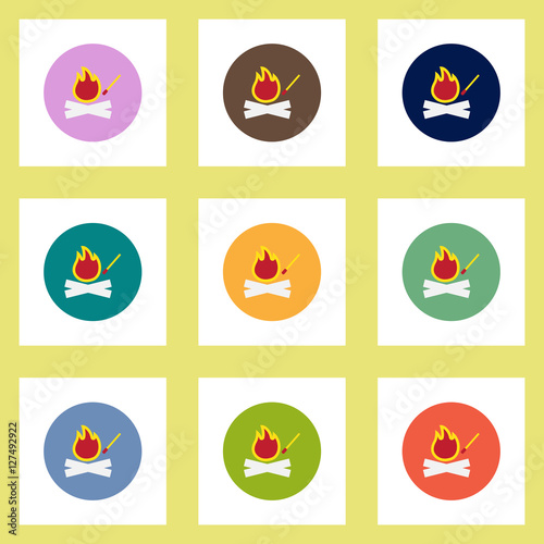 Collection of stylish vector icons in colorful circles fire and match