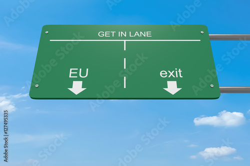 Get In Lane Concept: European Union Or EU Exit Road Sign, 3d illustration