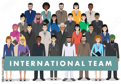 Group of business men and women standing together on white background in flat style. Business team and teamwork concept. Different nationalities and dress styles. Flat design people characters.