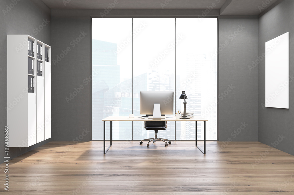 Fototapeta premium CEO office with bookshelves, computer and poster