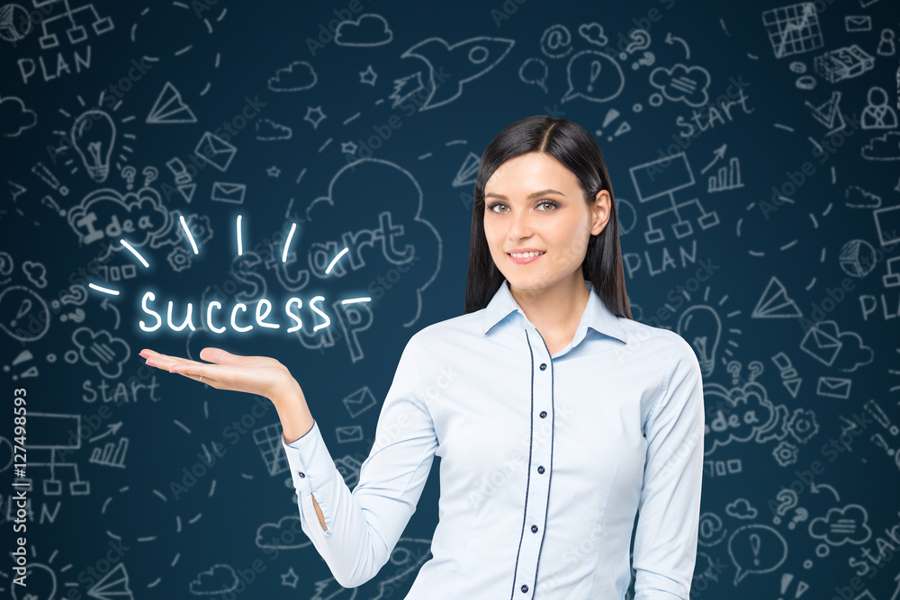 Black haired woman with a success text Black haired woman with a success text