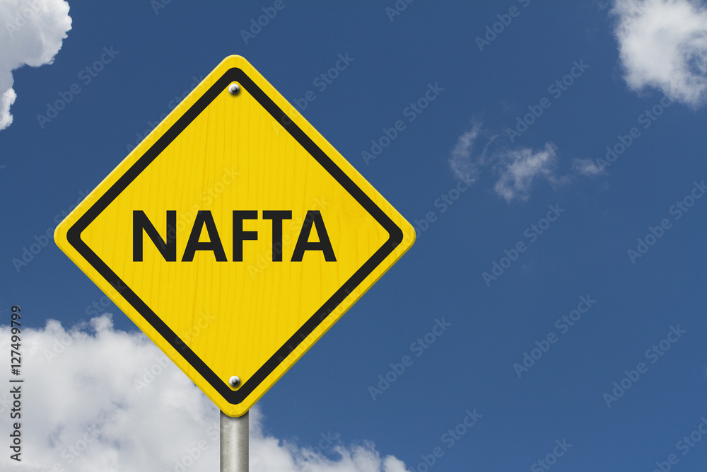 North American Free Trade Agreement yellow warning road sign North American Free Trade Agreement yellow warning road sign