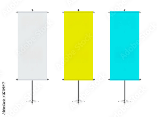 banner templates isolated on white background. mock up of realistic trade exhibition stand displays. blank event flags. beach flag mockup