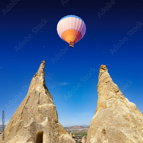 Hot air balloon flies in Cappadocia, Turkey