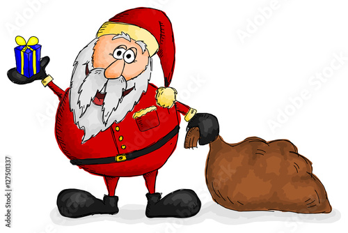 Cute smiling Santa Clause with bag and holding a present