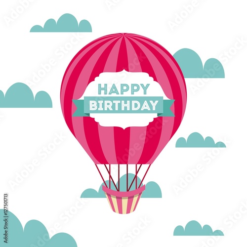happy birthday card with air balloon icon over sky background. vector illustration