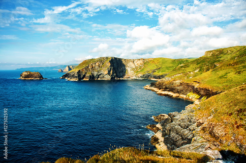 Tintagel Head and Castle ruins in Cornwall England. Legend of King Arthur 