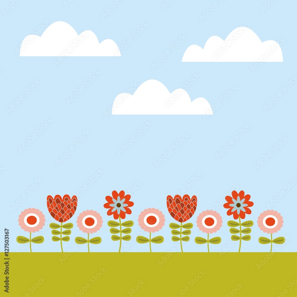 beautiful flowers over sky background. colorful design. vector illustration