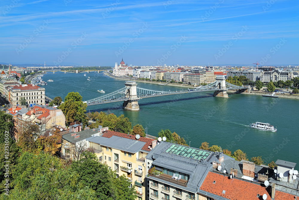 View of Budapest with Szechenyi Chain Bridge over Danube and Hungarian Parliament Building