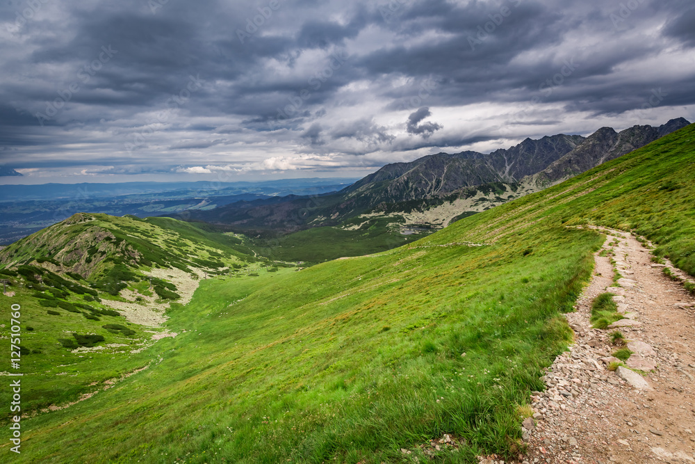 View from Kasprowy Wierch to mountain trail in summer