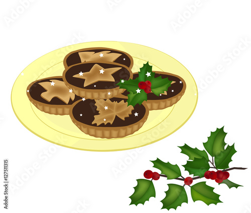 mince pies on a plate and a holy tree branch vector