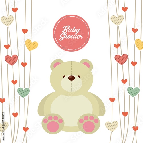 baby shower card with cute bear icon and decorative hearts. colorful design. vector illustration © Gstudio