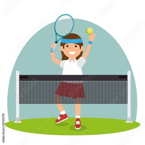 tennis girl jump court net vector illustration eps 10